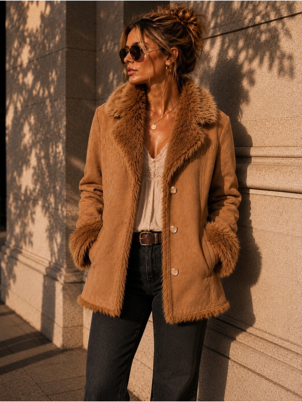 Coldwater Creek Faux Suede Faux Fur Coat Camel Tan Medium Shearling